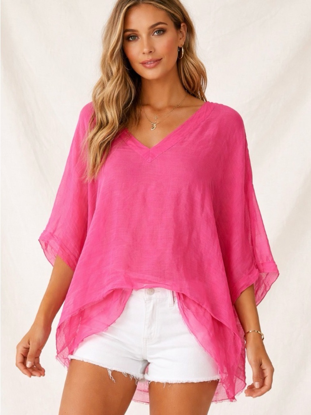 Made in Italy Silk Boho Caftan Top Hot Pink Layered One Size